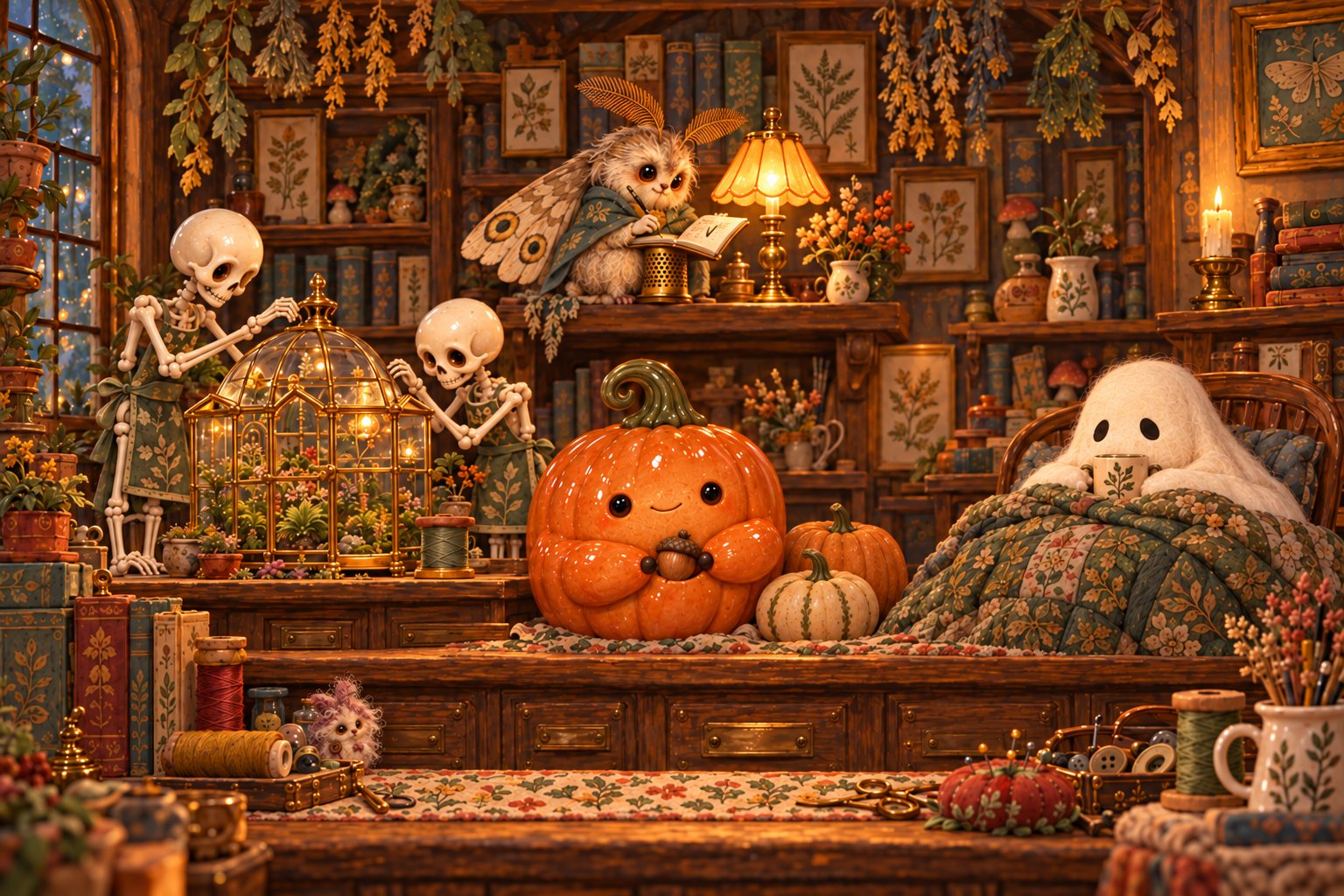 Two miniature skeletons work beside a fern conservatory while the moth, pumpkin and quilt-covered ghost share the shop counter.