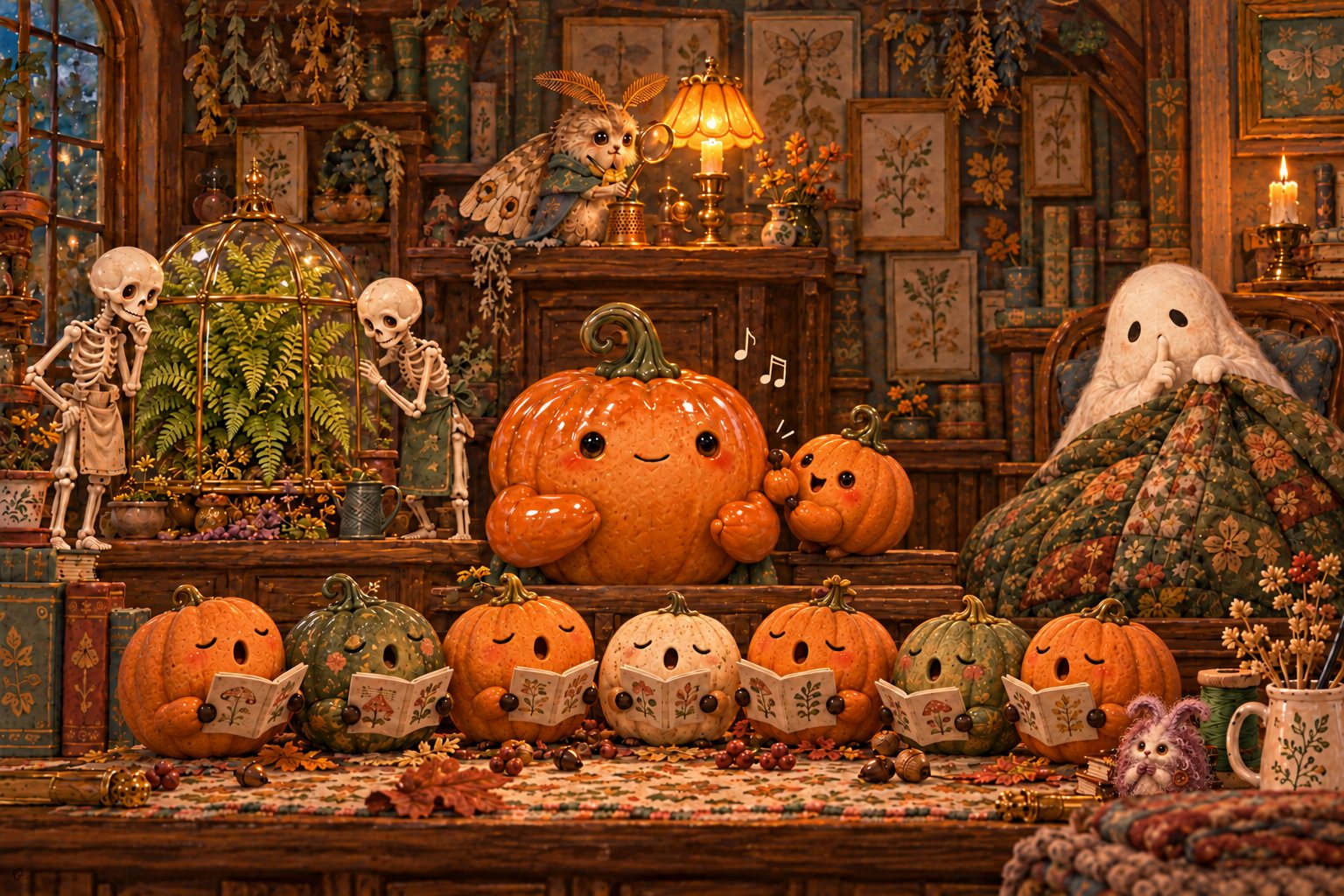 A row of pumpkins holds choir sheets beneath the moth’s lamp, with the ceramic pumpkin and ghost behind them.