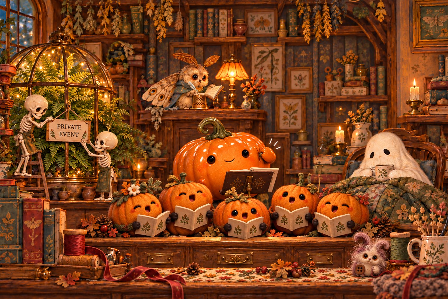 Pumpkins rehearse beside a fern-filled conservatory bearing a PRIVATE EVENT sign.