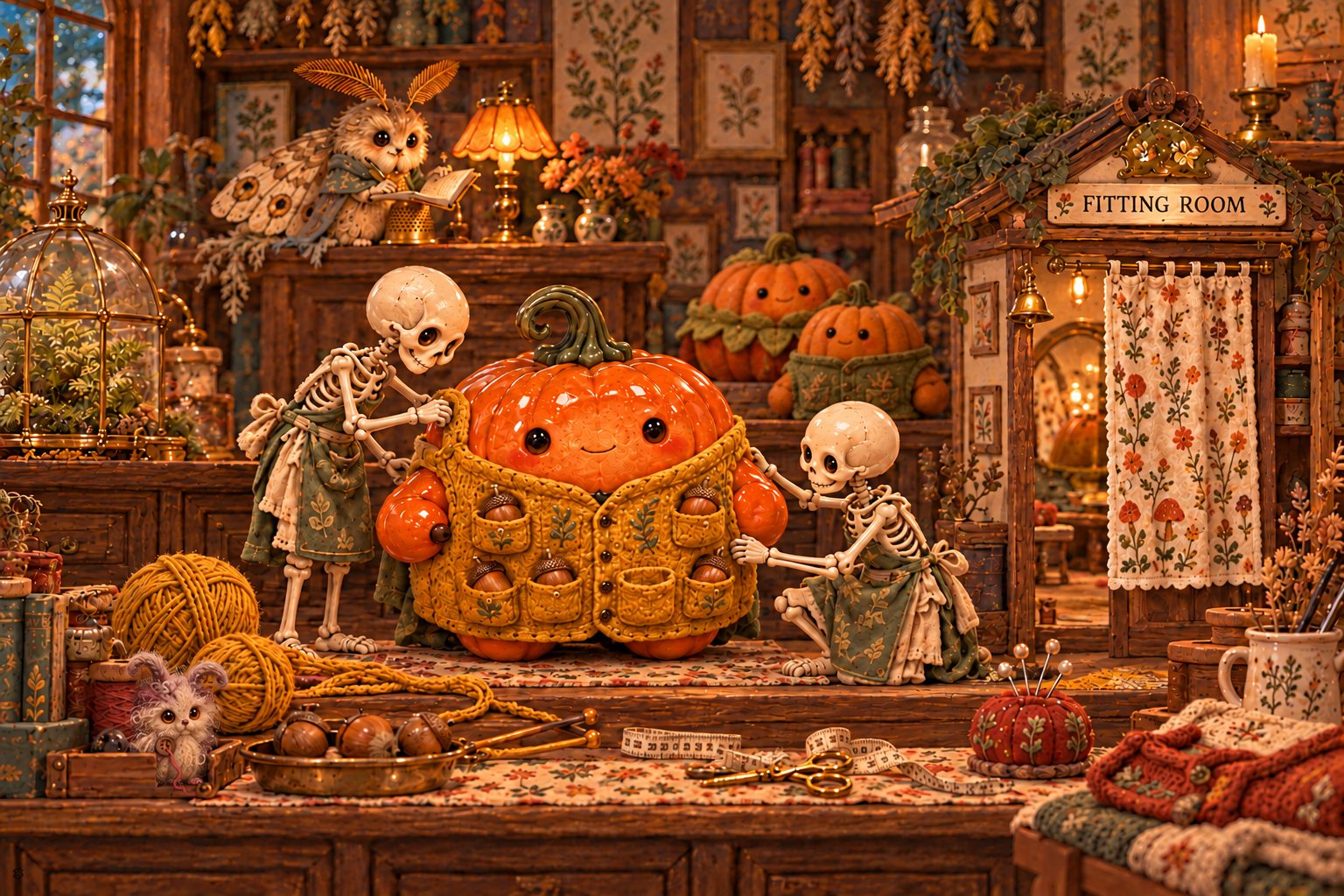 Two skeletons fit the ceramic pumpkin’s mustard waistcoat beside a miniature fitting room.