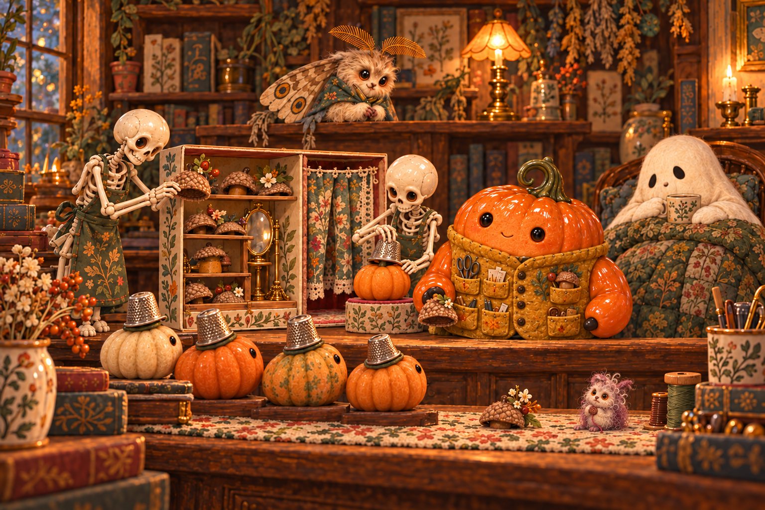 The skeletons examine thimble hats and acorn caps beside the pumpkin and a miniature millinery.