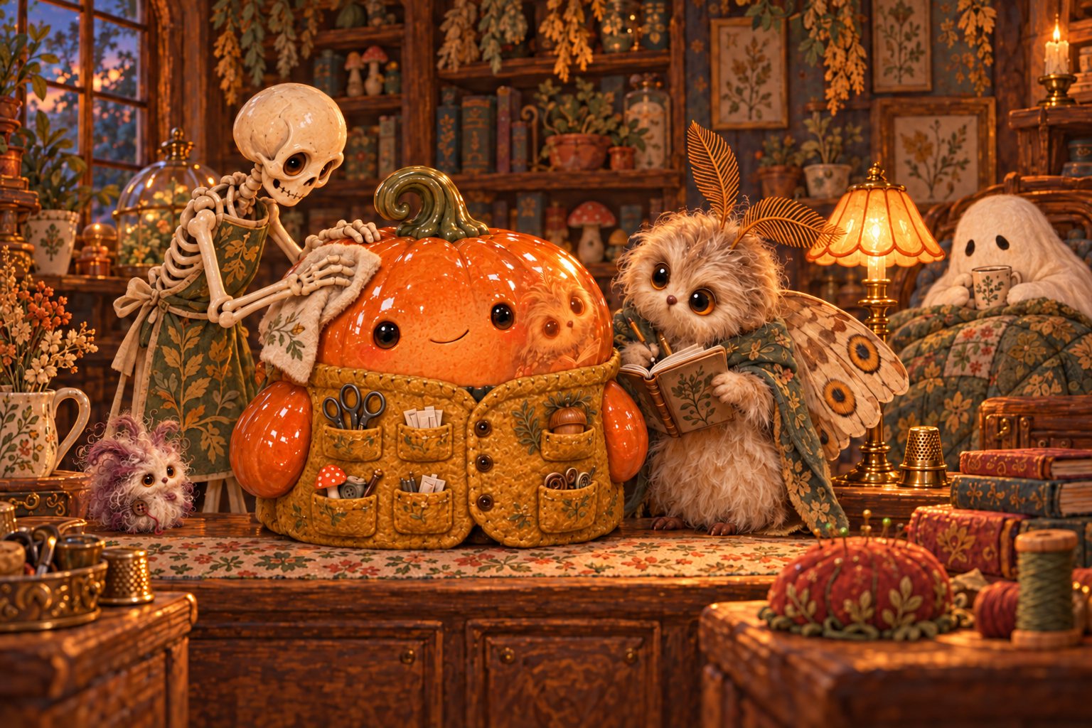 A skeleton polishes the pumpkin while the moth examines his reflection in the orange glaze.