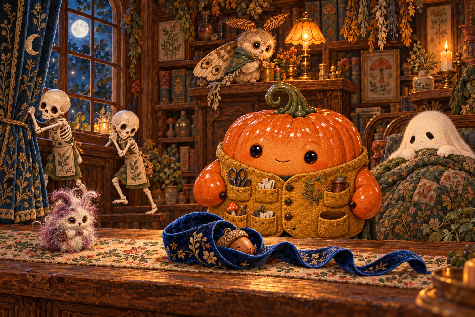 A blue velvet ribbon curls around an acorn on the moonlit shop counter.