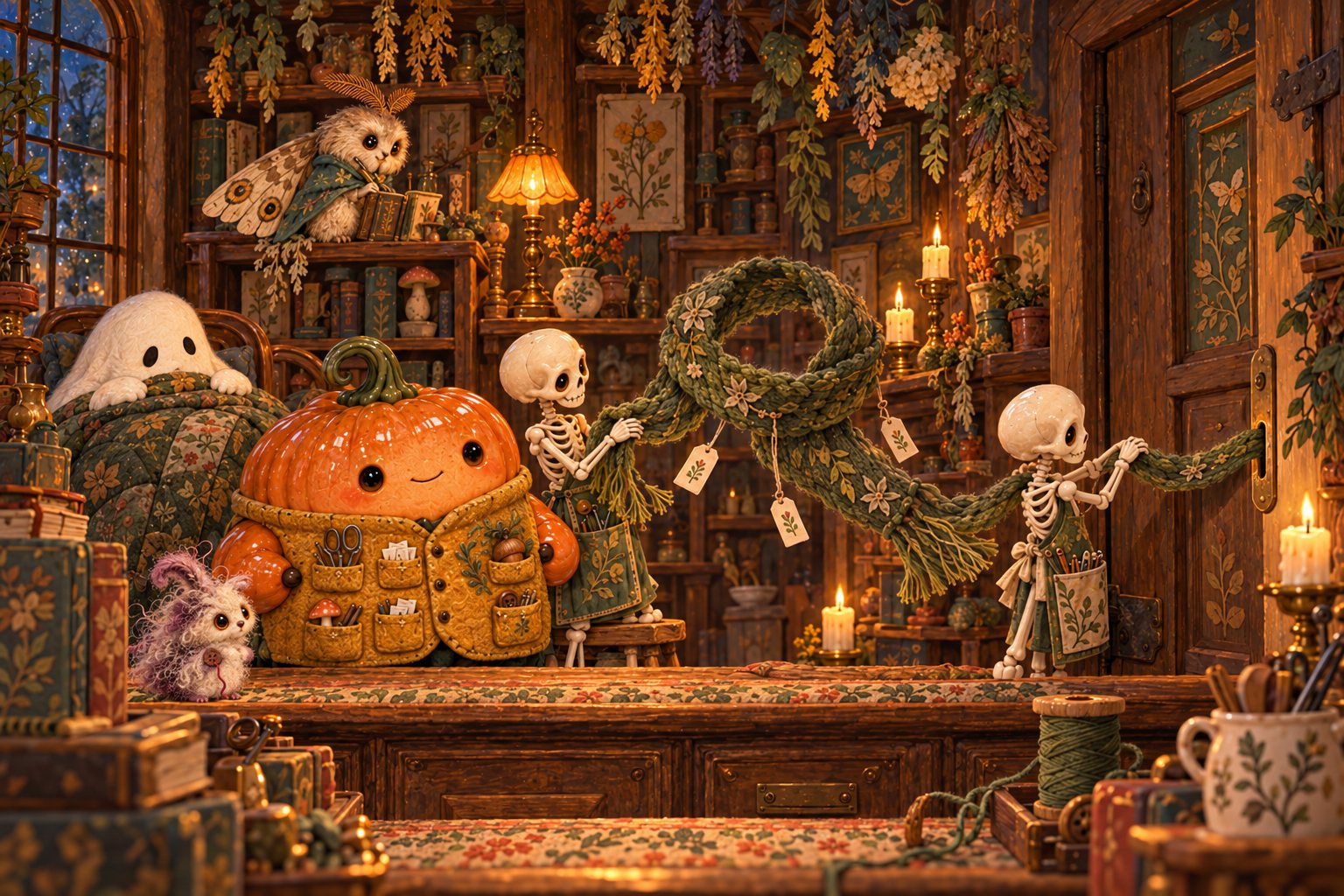 The skeletons fit a moss-green scarf to an unseen draught beside fluttering price tags.