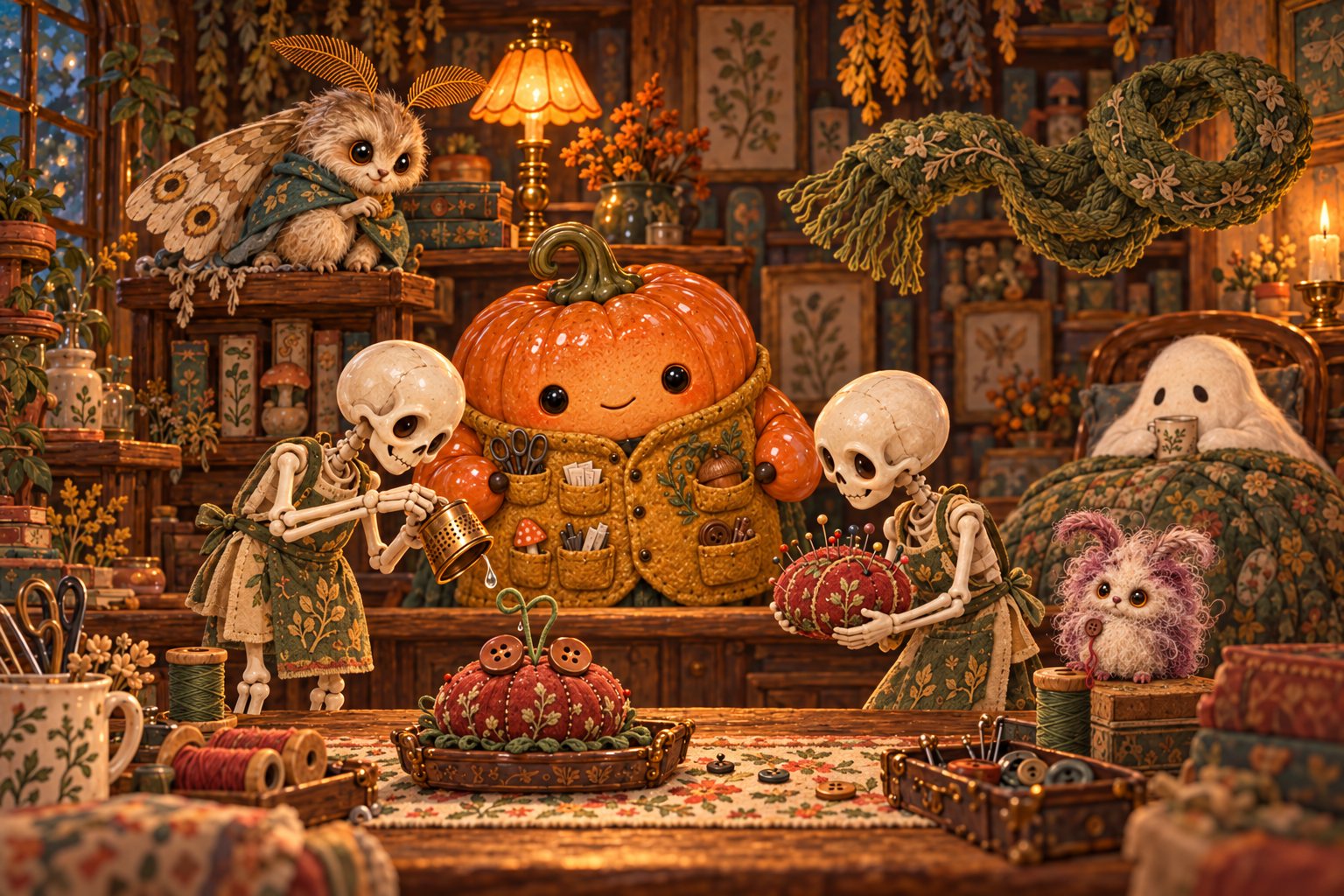 The pumpkin and skeletons inspect two buttons growing from a red pincushion.