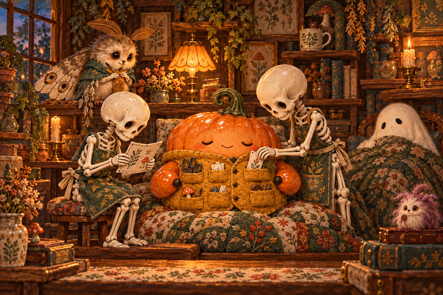 The pumpkin sleeps while a skeleton reads a fabric care label beside him.