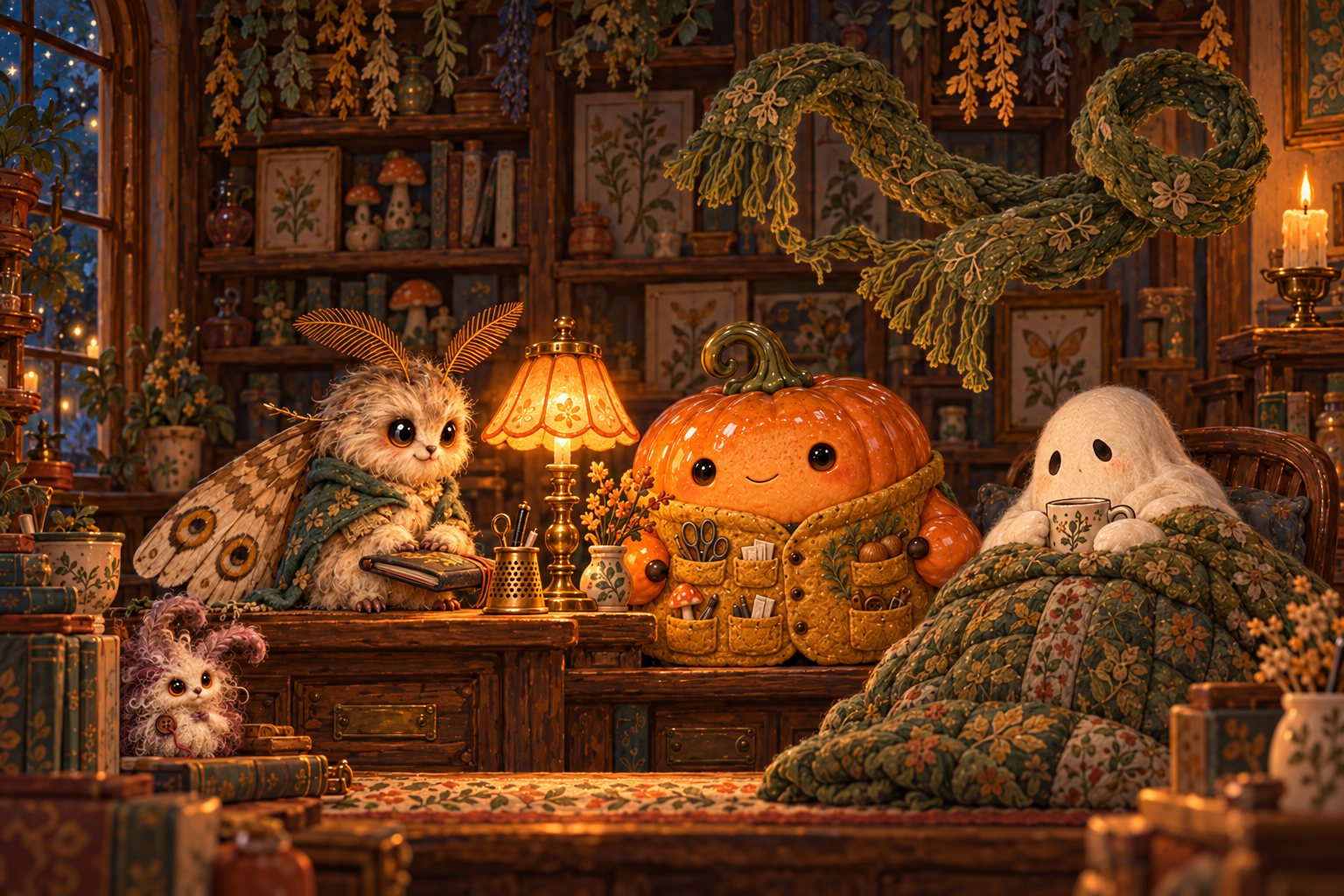 The ghost and moth sit together beside a warm lamp in the darkened shop.
