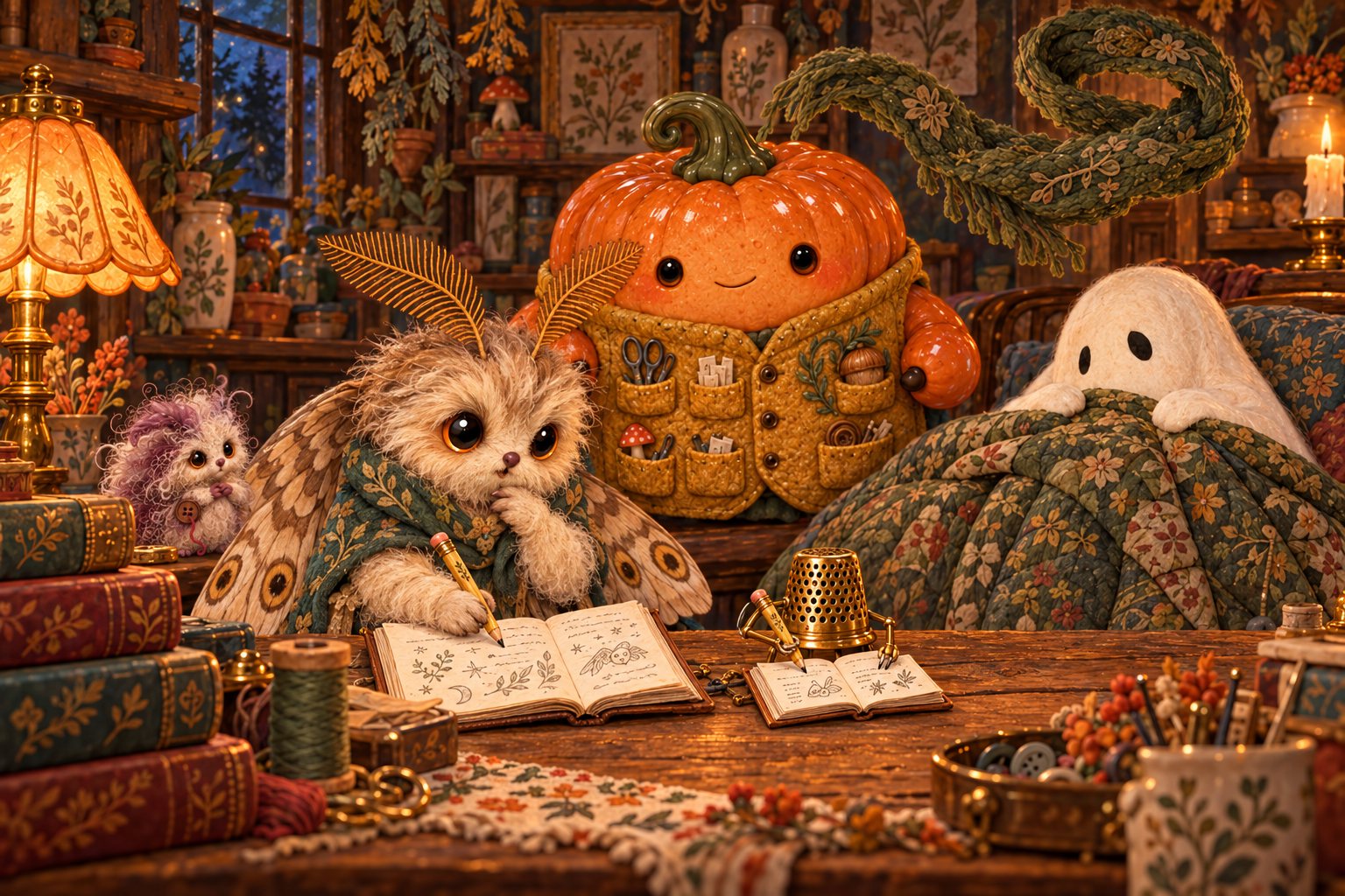 The moth studies two open notebooks beside its brass thimble desk.