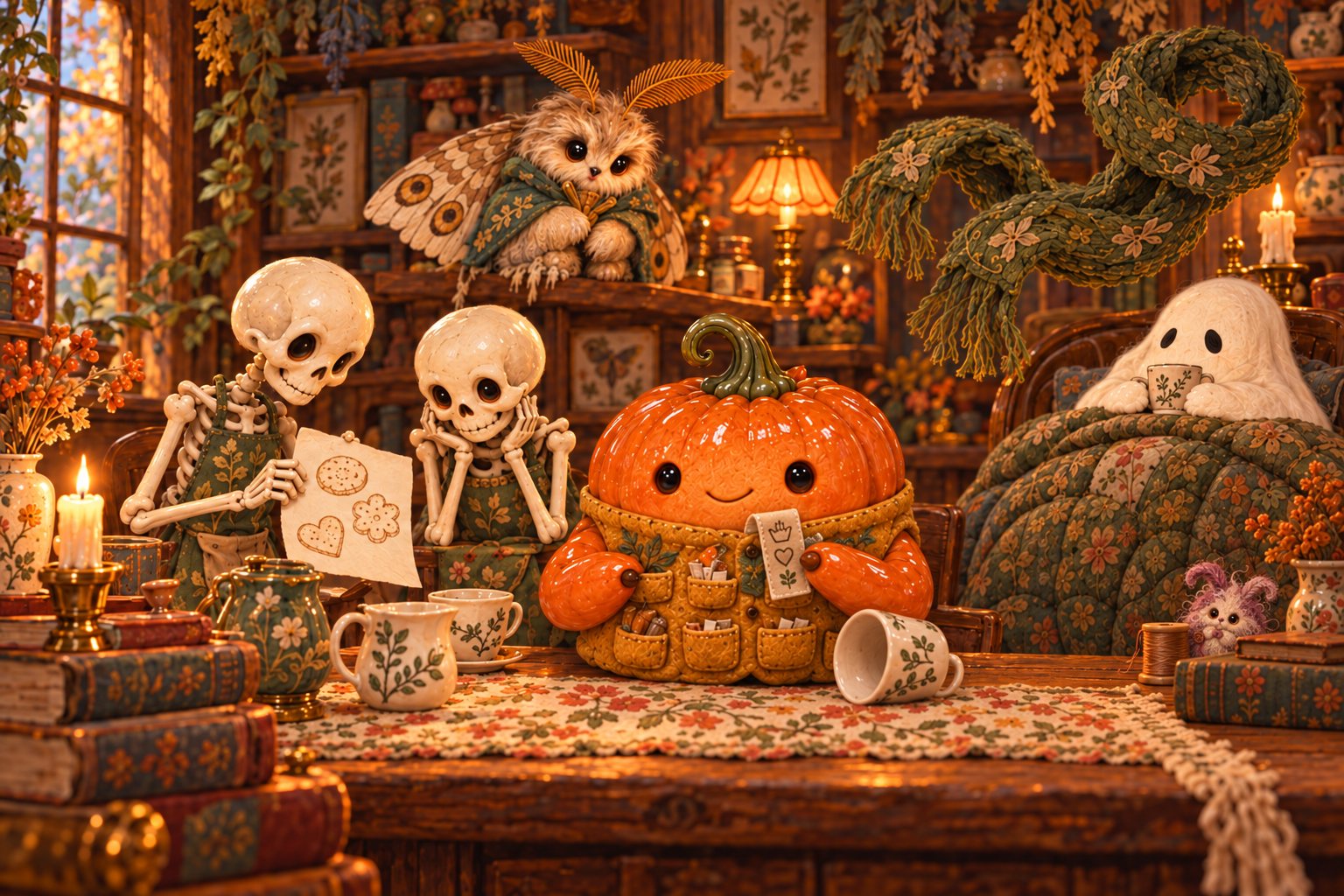 The skeletons present paper biscuits while the pumpkin sits beside a tiny teacup.