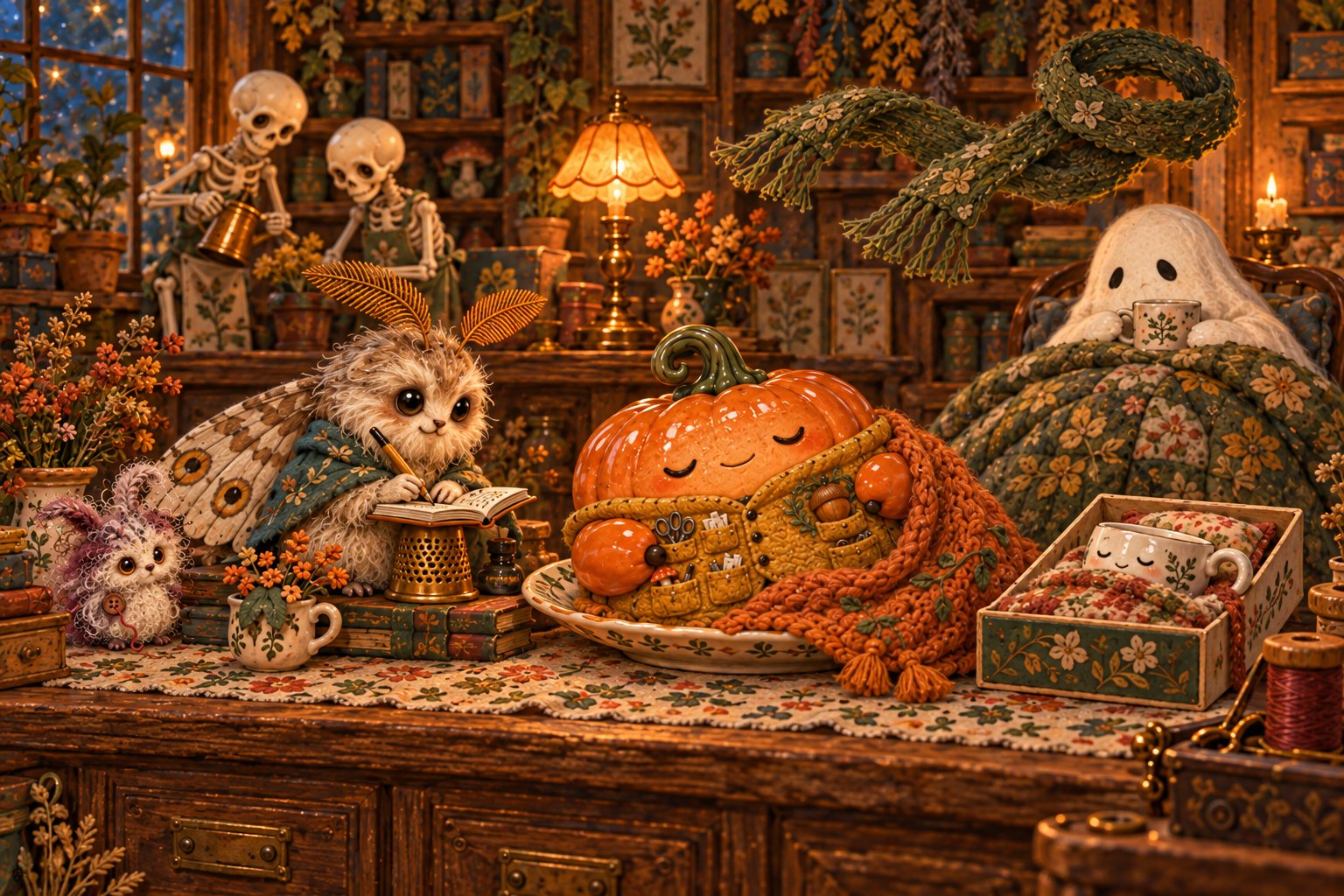 The pumpkin sleeps beneath an orange blanket beside the teacup’s matchbox bed.
