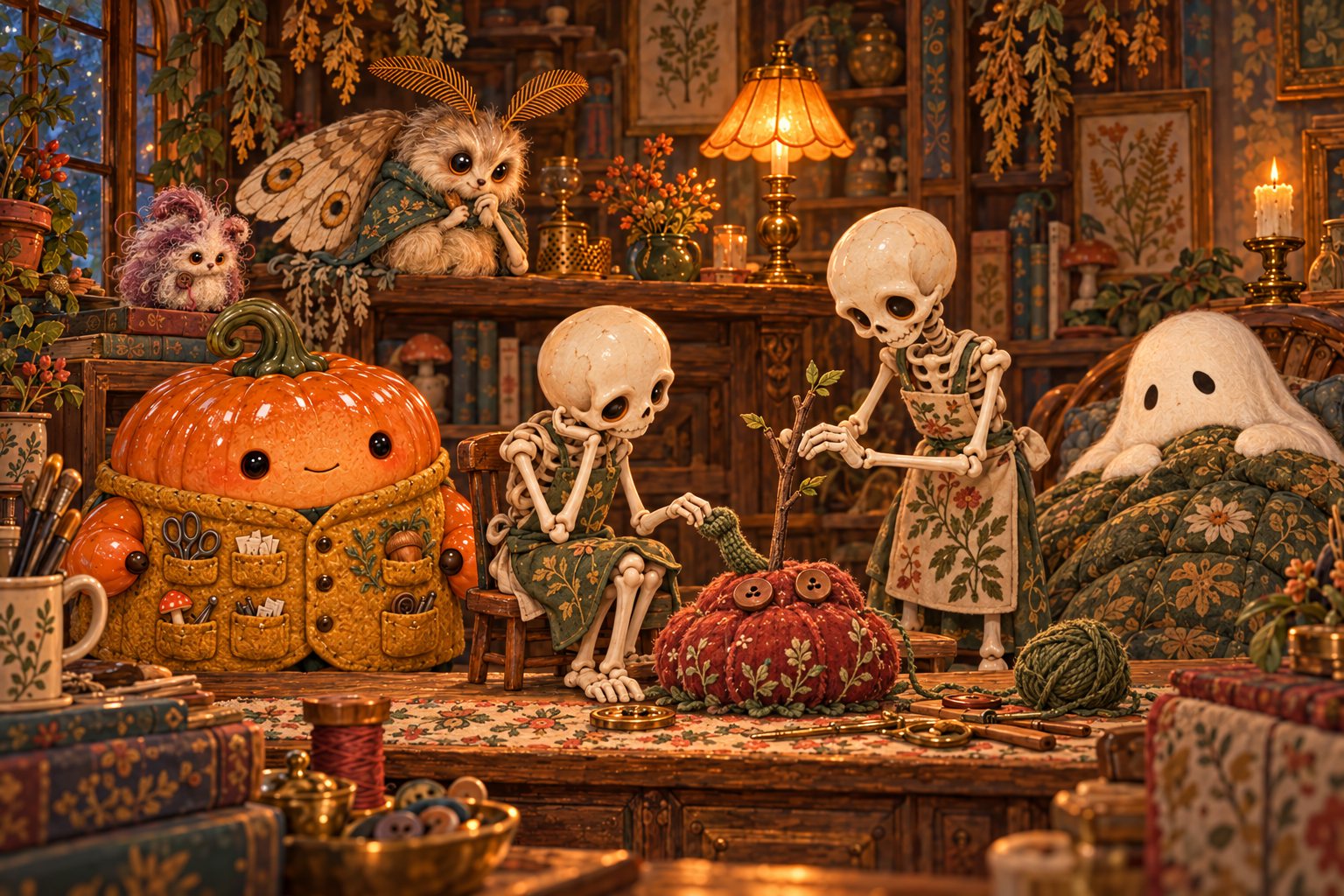 A new cardigan sleeve reaches from the pincushion to hold a skeleton’s finger.