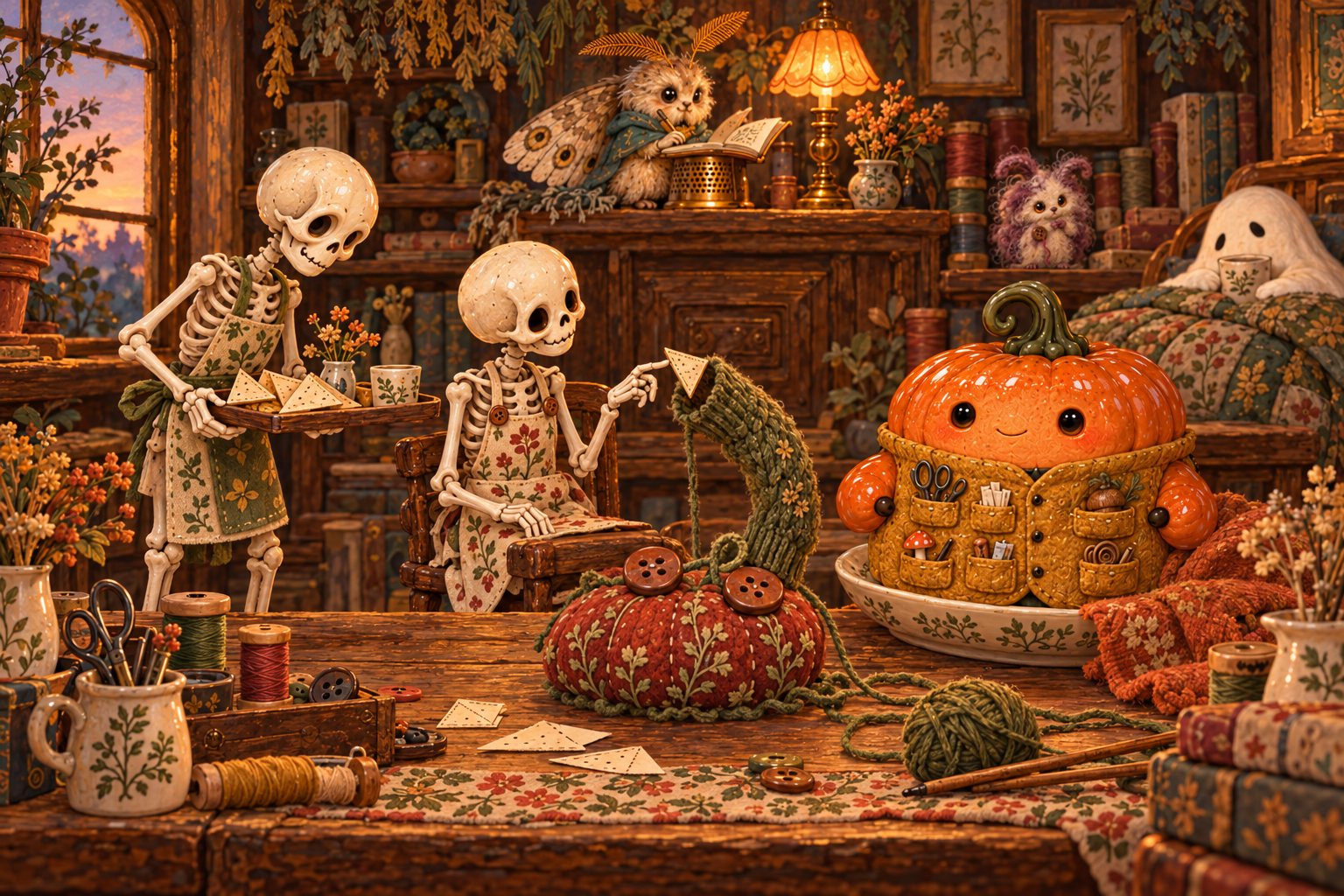 One skeleton brings a breakfast tray while the cardigan holds the other skeleton’s finger.
