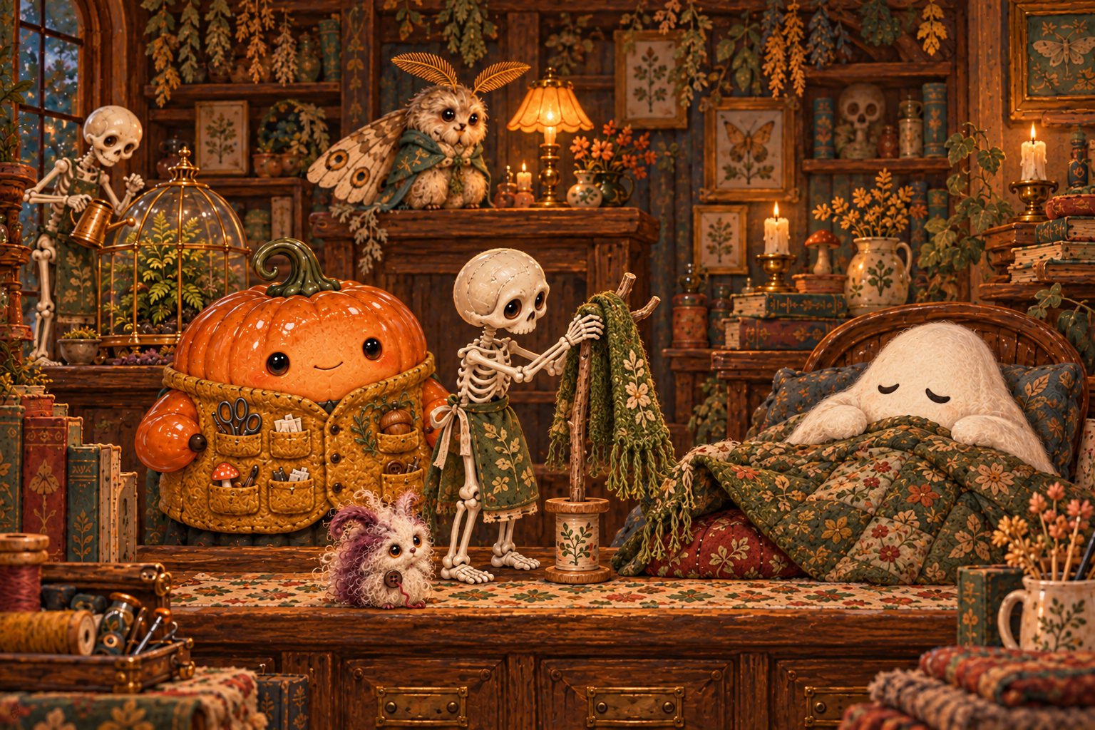 A moss-green scarf rests on a twig coat stand beside the sleeping ghost.