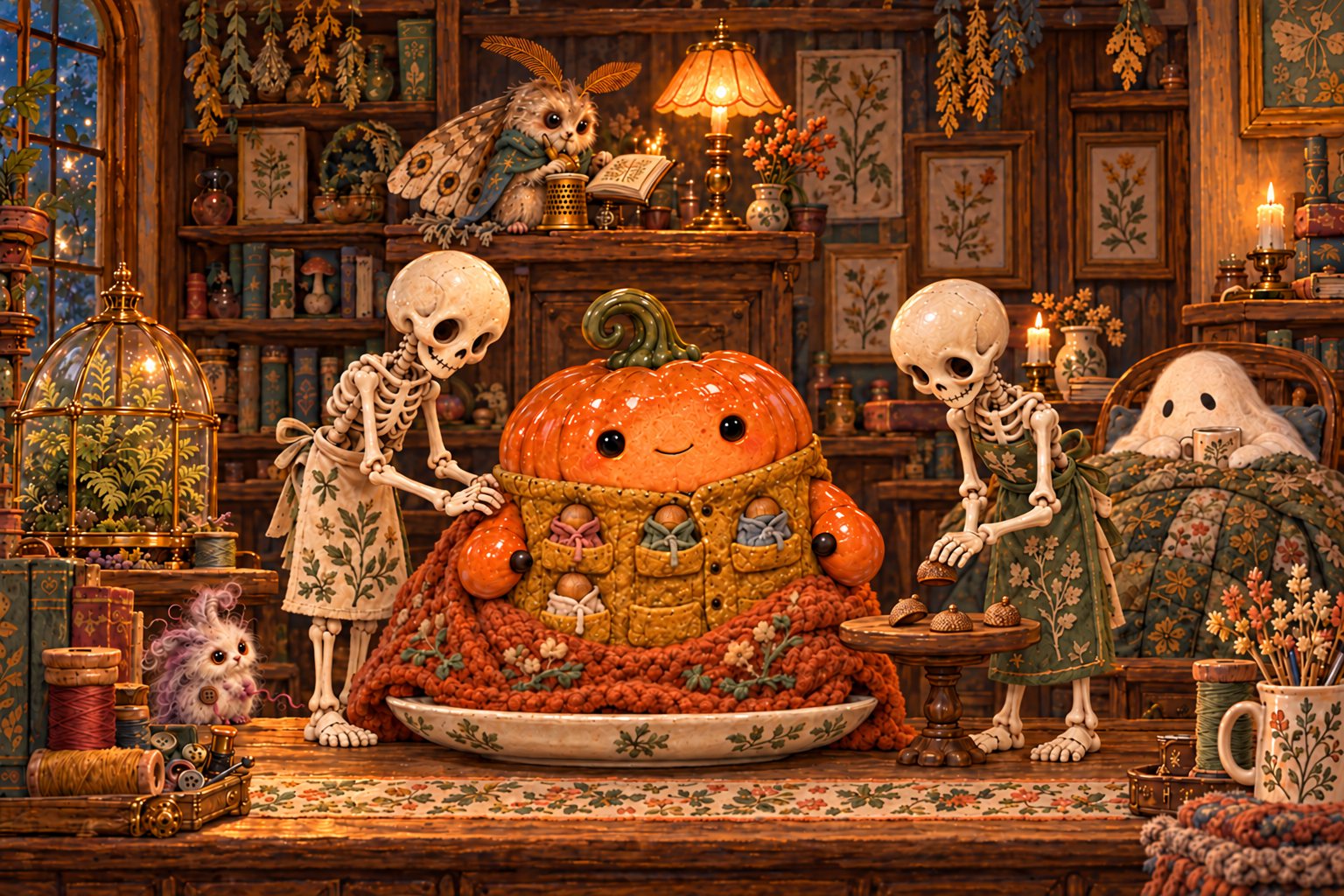 The skeletons help the pumpkin settle his acorns in their small felt dressing gowns.