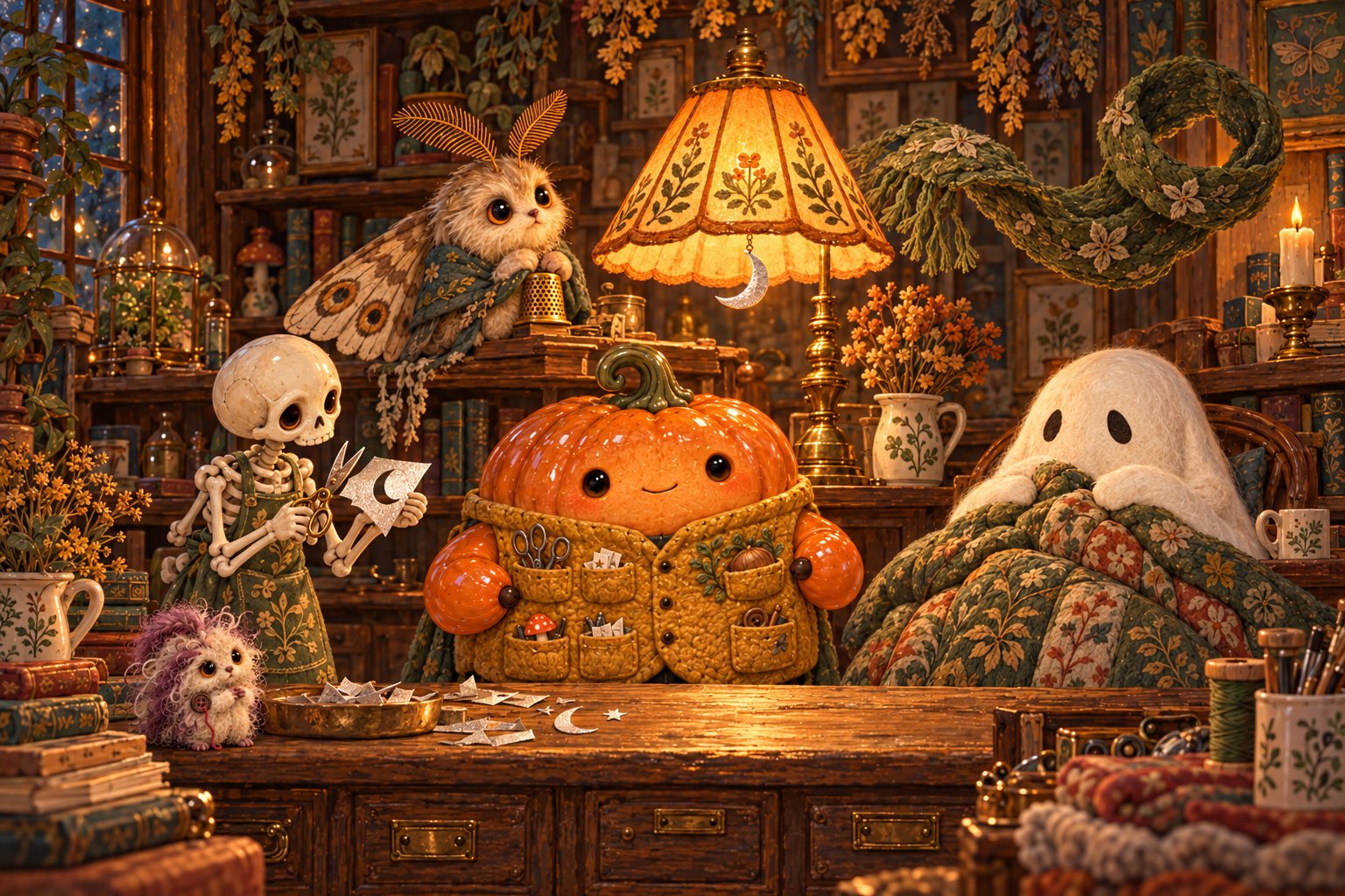 A skeleton holds a silver-paper crescent beside the moth and a warm lampshade.