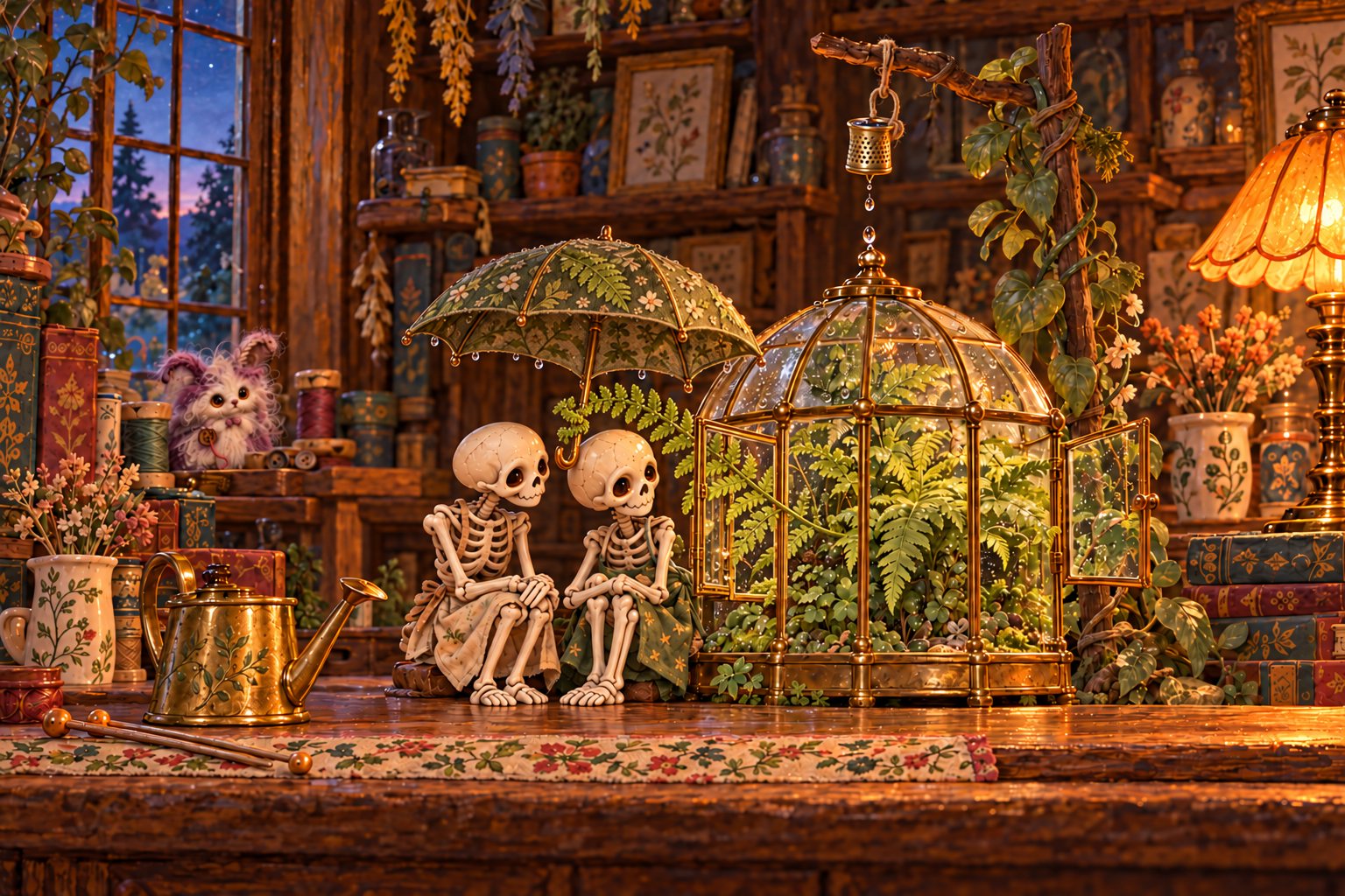 Two skeletons shelter beneath a tiny umbrella beside the fern-filled glass conservatory.