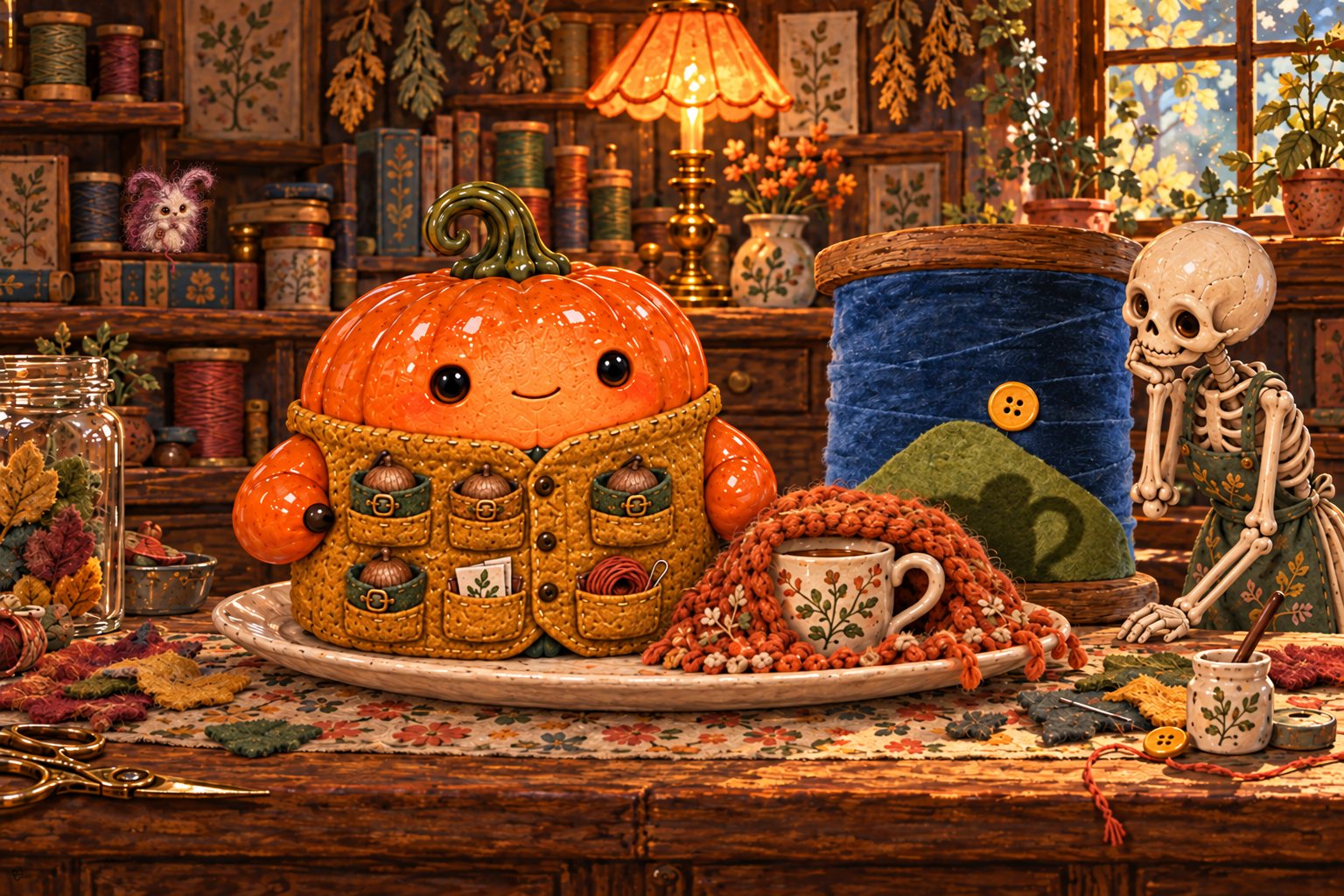 The pumpkin and teacup sit beside a felt hill and yellow button propped against a spool.
