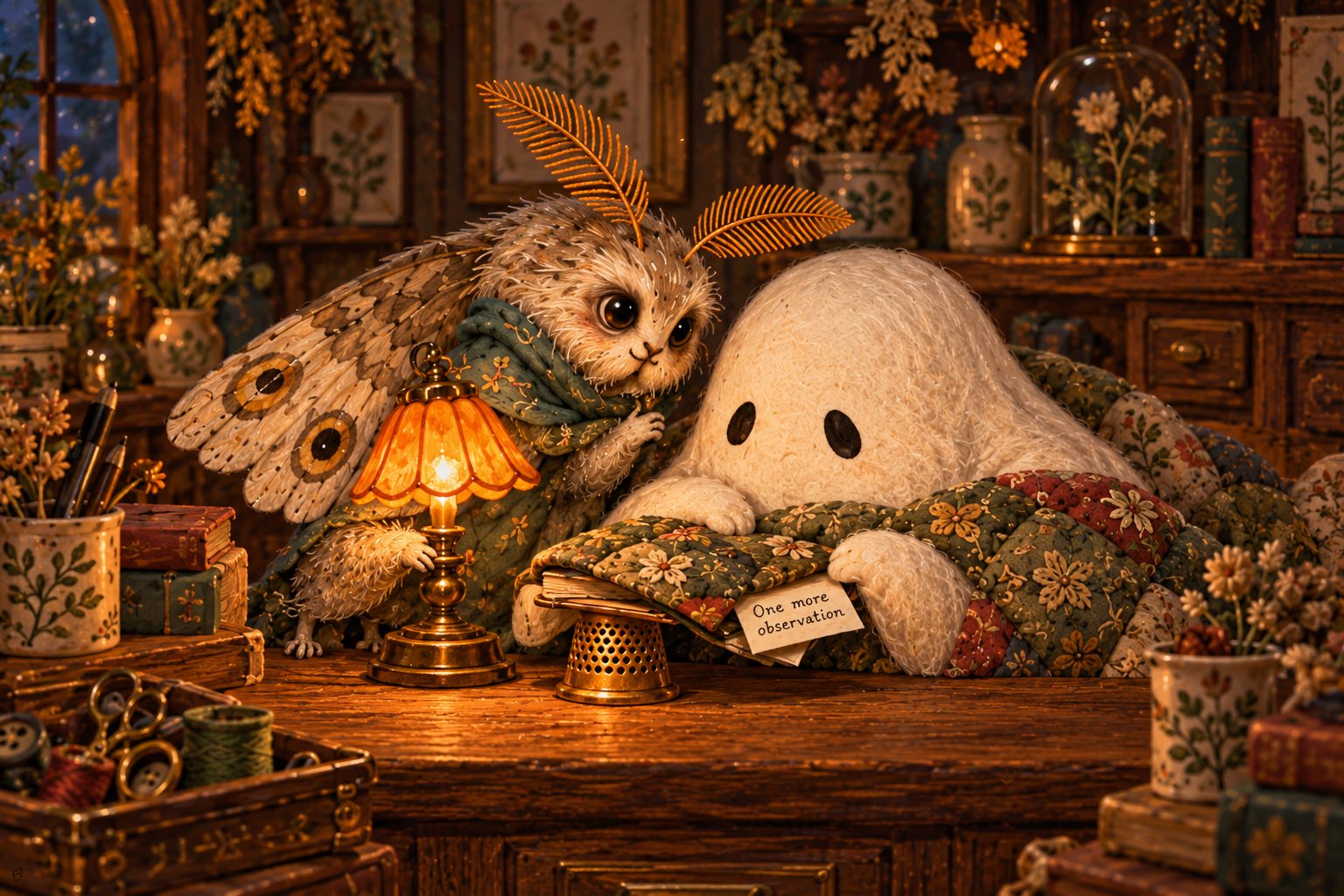 The moth and ghost settle an open notebook beneath a small square of quilt.