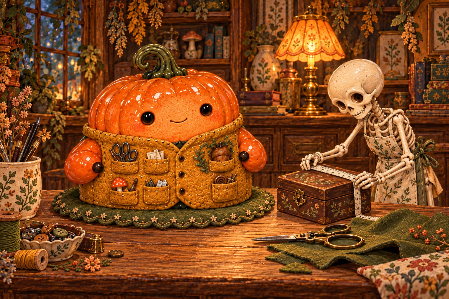 A skeleton measures a wooden box while the pumpkin sits on a scalloped felt mat.