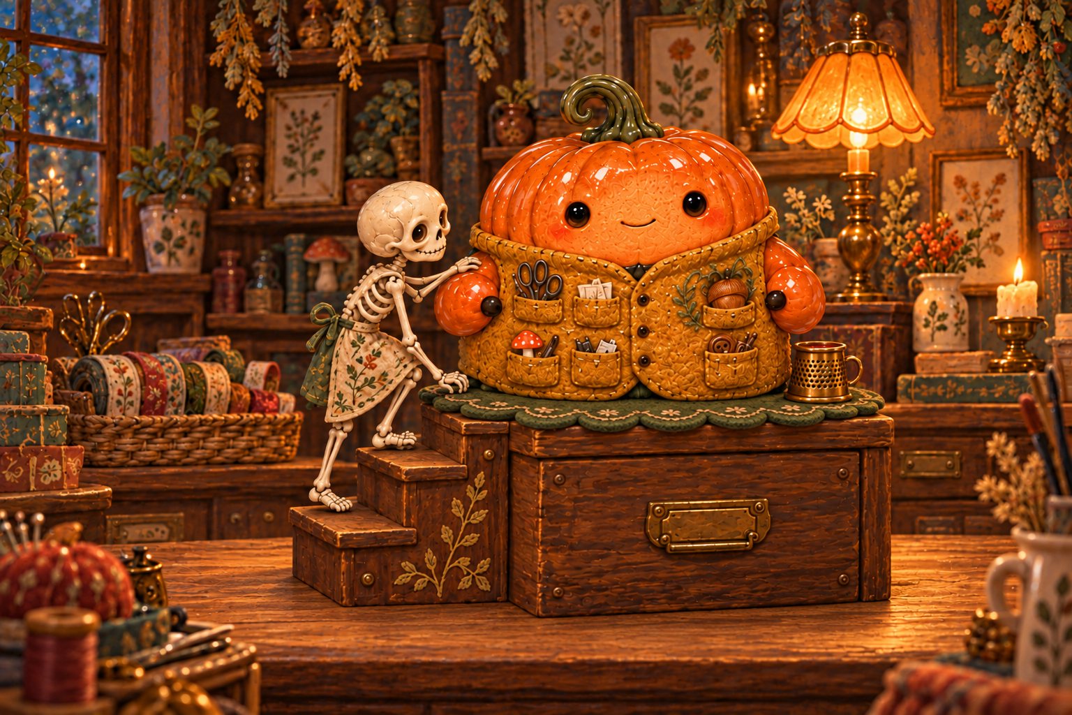 A skeleton visits the pumpkin atop a wooden box with a felt rug and three small steps.