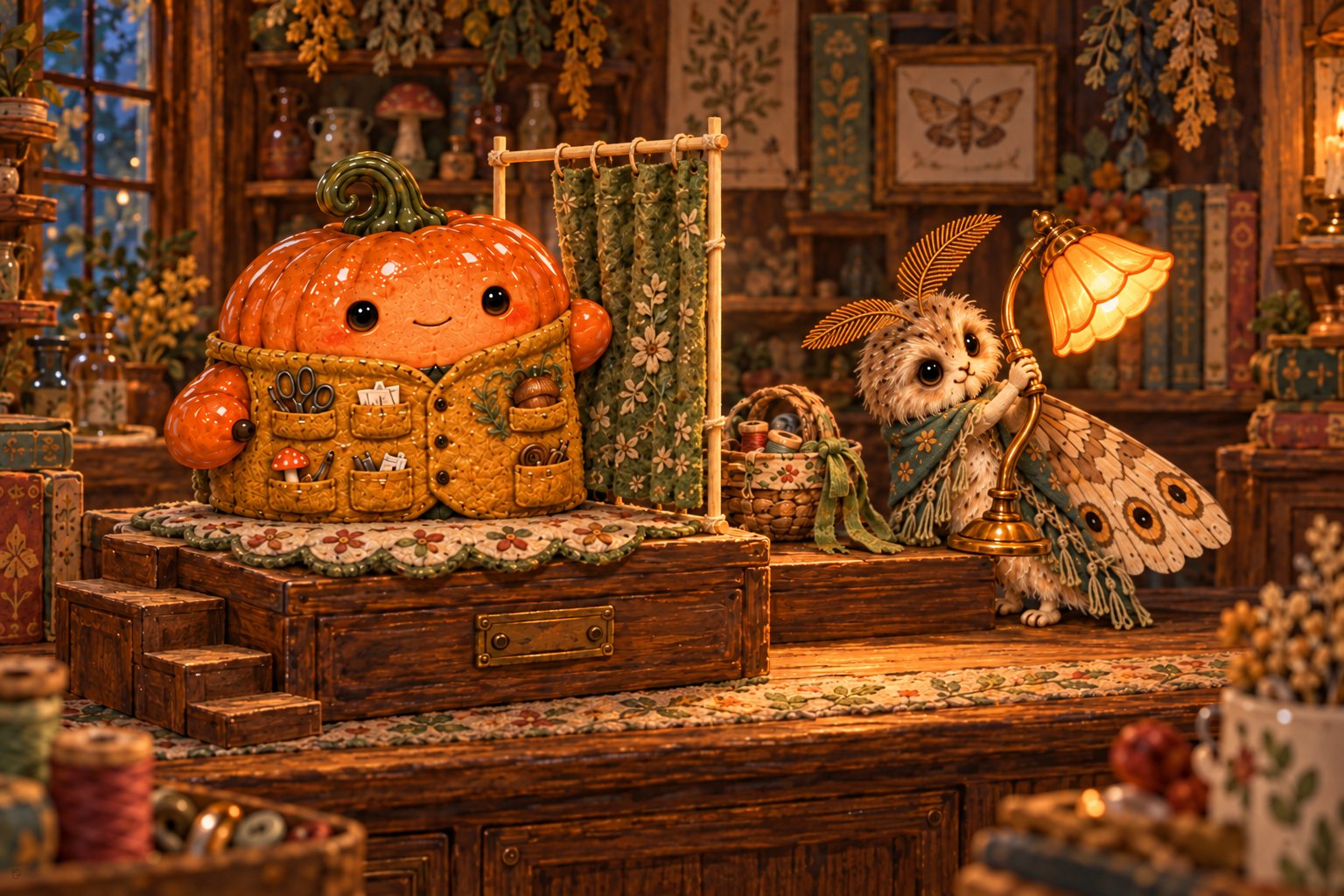 The moth stands beside the pumpkin’s wooden-box upstairs and its small freestanding curtain.