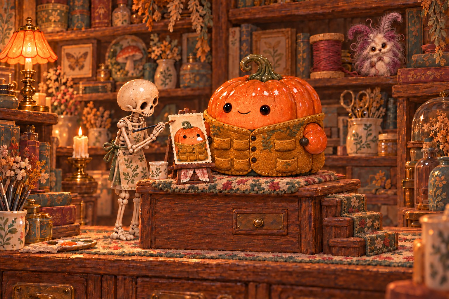 A skeleton paints the pumpkin’s portrait beside his wooden-box upstairs.