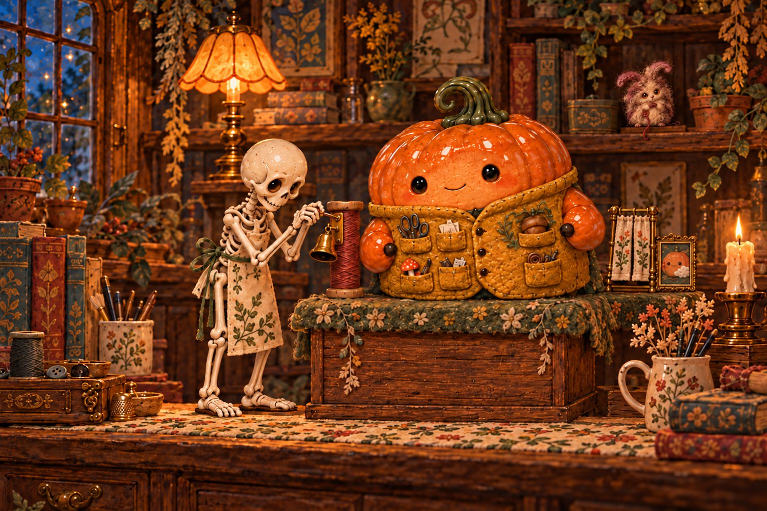 A skeleton holds a small brass bell beside the pumpkin and curtain on the wooden box.