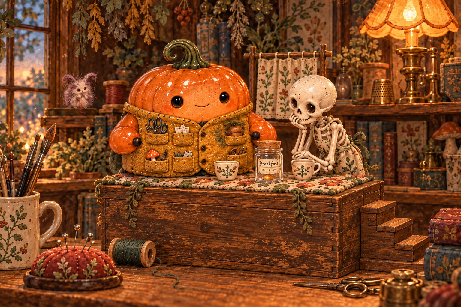 A skeleton and pumpkin sit beside empty cups and a small stoppered breakfast jar.