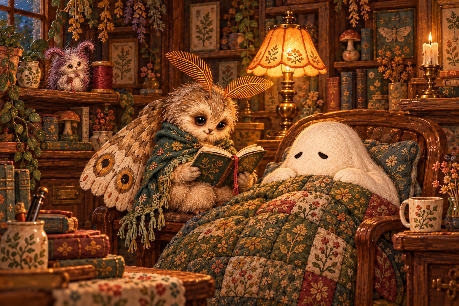 The moth reads from its notebook to the ghost beneath a quilt beside the lamp.