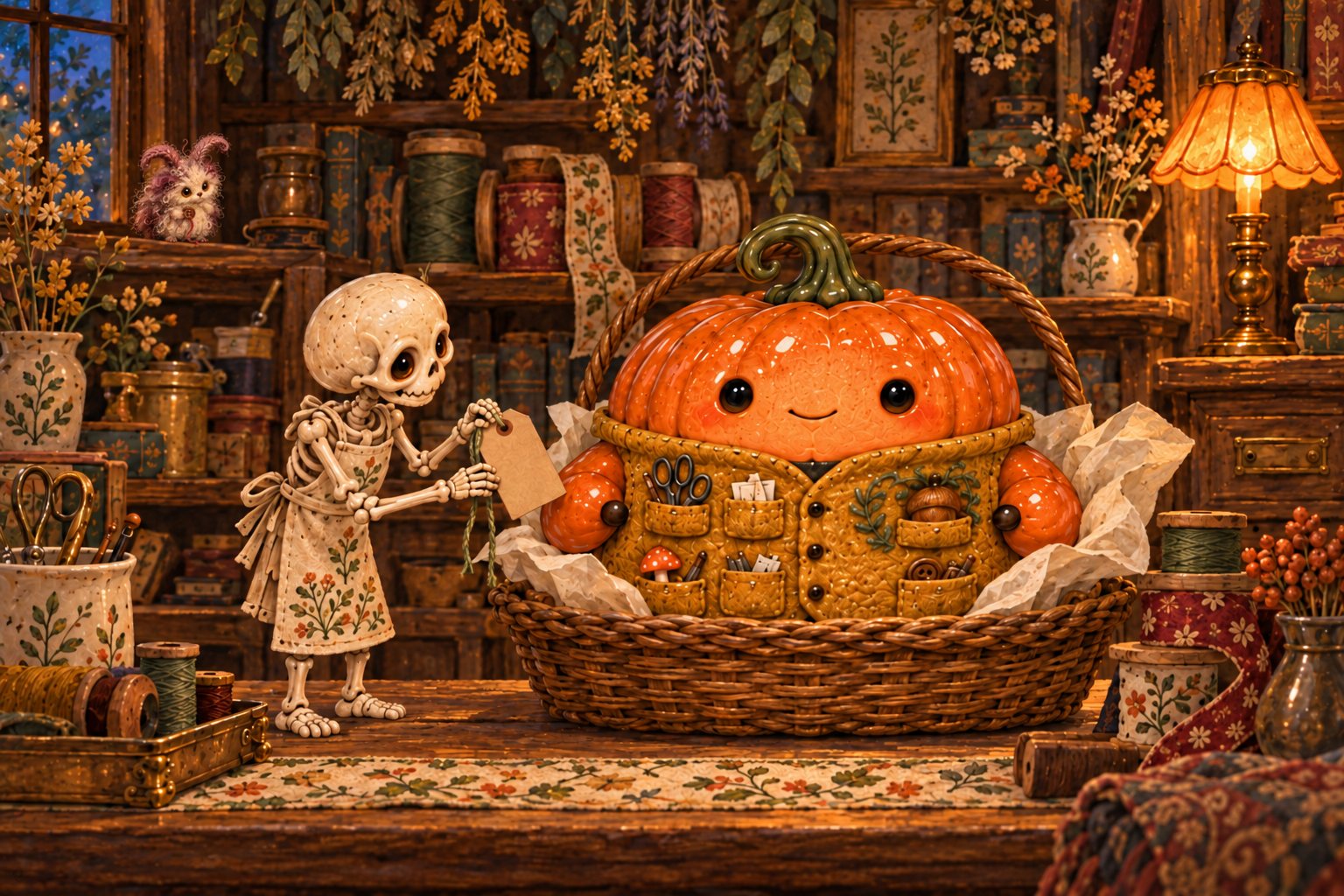A skeleton helps the pumpkin sit in a wicker basket lined with tissue paper.